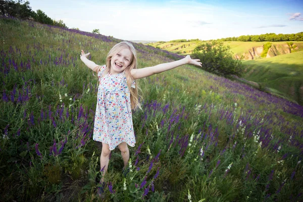 Léto Krásná Šťastná Usmívající Dívka Louce — Stock fotografie