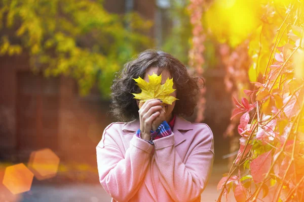 Осень Девушка Держит Желтый Клен Леа — стоковое фото