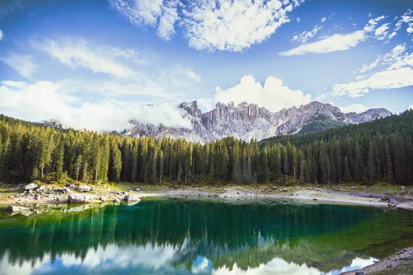 Kilátás Nyílik Lago Carezza Dolomitok Ital — Stock Fotó