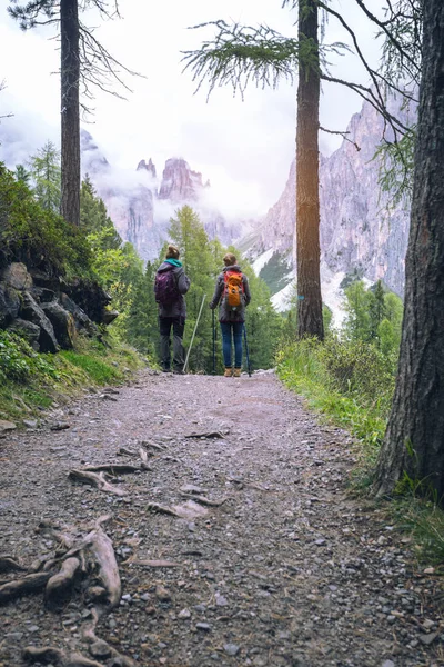 Dağlar Dolomites Ital Izi Boyunca Yürüyüş Kızlar Uzun Yürüyüşe Çıkan — Stok fotoğraf