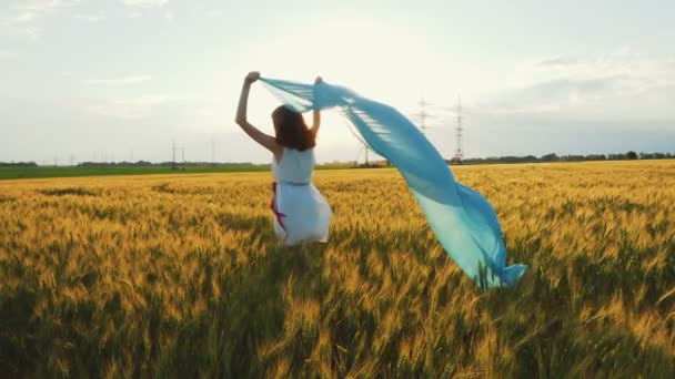 Chica Belleza Con Chal Azul Corriendo Campo — Vídeos de Stock