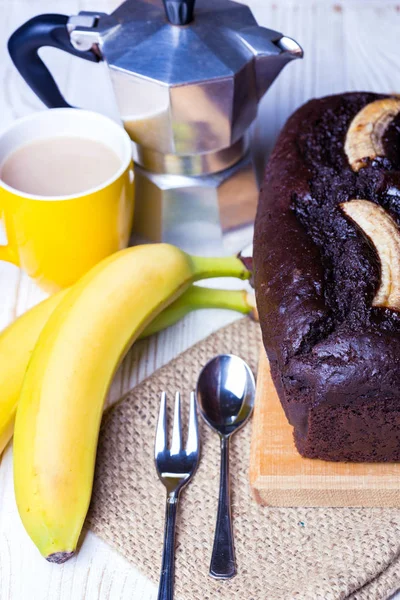 Pão Banana Chocolate Bananas Café Mesa — Fotografia de Stock