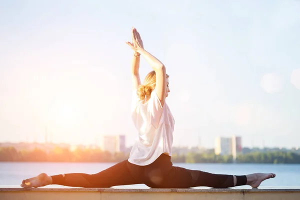Gezond Vliegen Yoga Concept Fitness Mooi Meisje Zittend Een Tweeling — Stockfoto
