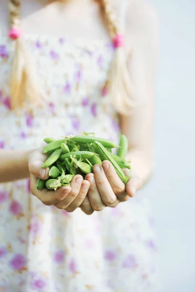 Verão Menina Sorrindo Está Segurando Ervilhas Verdes Sua Mão — Fotografia de Stock