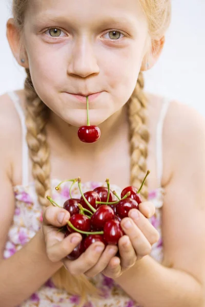 Summer Smiling Girl Holding Ripe Red Cherry Her Hand Royalty Free Stock Photos