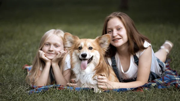 Schwestern Und Ihr Hund Auf Einer Wiese Auf Augenhöhe — Stockfoto