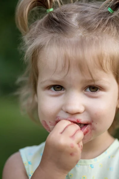 Petite Fille Mange Cerise Dans Jardin Résumés — Photo