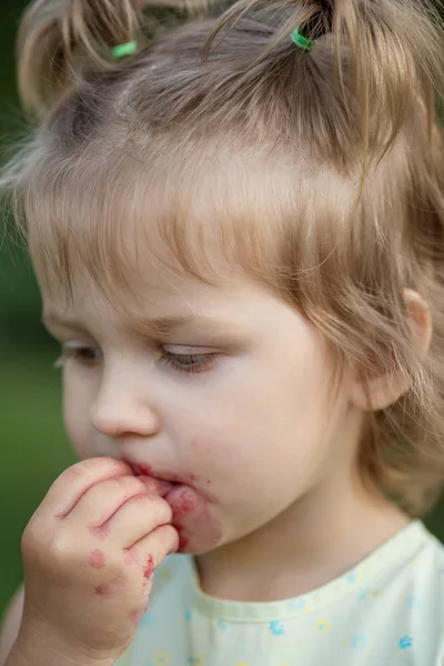 Bambina Mangia Ciliegie Giardino Riepilogo — Foto Stock