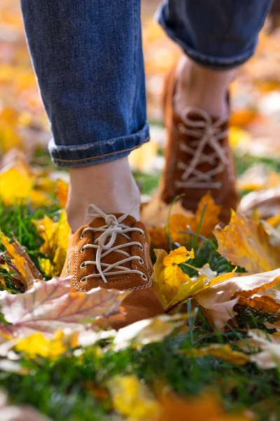 Autunno Ragazza Sta Camminando Nel Parco Scarpe Donna Nel Fogliame — Foto Stock