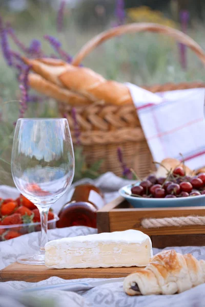 Stock image Summer - picnic in the meadow. Cheese brie, baguette, strawberry, cherry, wine, croissants and baske