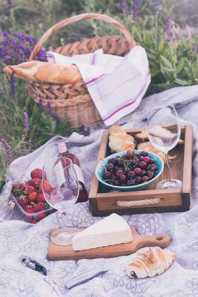 Zomer Picknick Wei Kaasbrie Stokbrood Aardbeien Kersen Wijn Croissants Koeken — Stockfoto