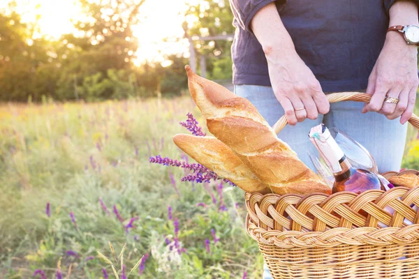 Summer Egy Kosár Lány Megy Egy Piknik — Stock Fotó