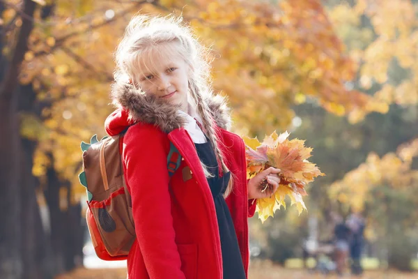 女子高生が歩いている幸せな秋に公園でメープルの香りと日を残します Wal — ストック写真