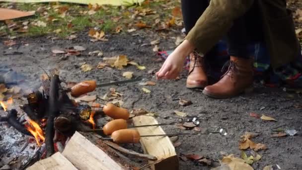 女孩在秋天森林野餐 — 图库视频影像