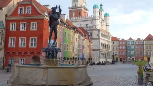 Fontein Met Standbeeld Oude Stad Plein Van Poznan Polen — Stockvideo