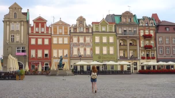 Dívka Turistické Chůze Hlavního Náměstí Rynek Polského Města Poznaň — Stock video