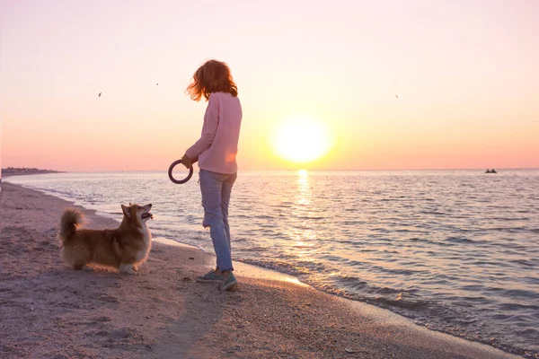 Happy Weekend Sea Girl Dog Beach Ukrainian Landscape Sea Azov — Stock Photo, Image