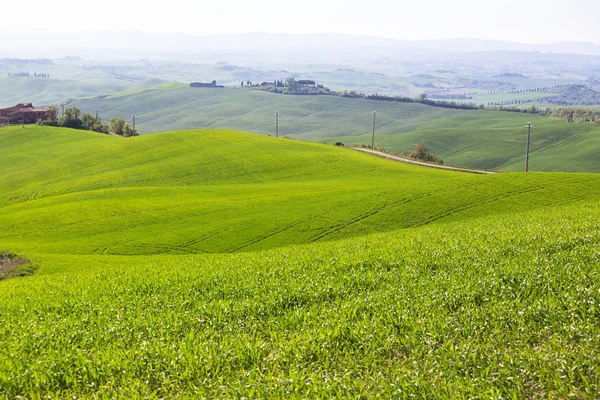 Paisagem Típica Toscana Uma Vista Uma Vila Uma Colina Campos — Fotografia de Stock