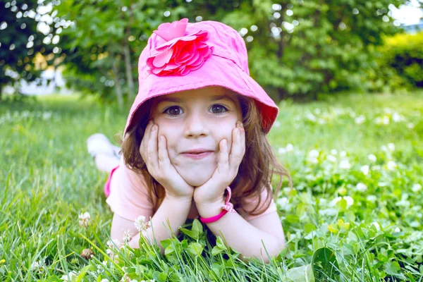 Little Smiling Girl Green Grass Children Holiday — Stock Photo, Image