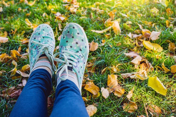 Ragazza Nel Parco Autunnale Scarpe Ginnastica Uno Sfondo Erba Congedo — Foto Stock