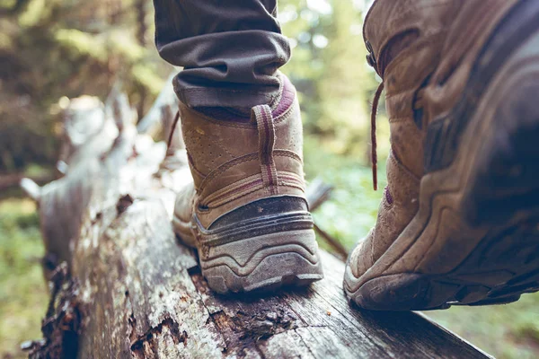 Botas Senderismo Cerca Chica Turista Pasos —  Fotos de Stock