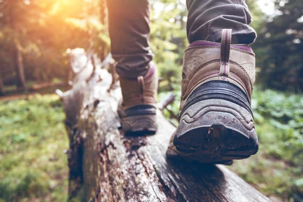 Botas Senderismo Cerca Chica Turista Pasos —  Fotos de Stock