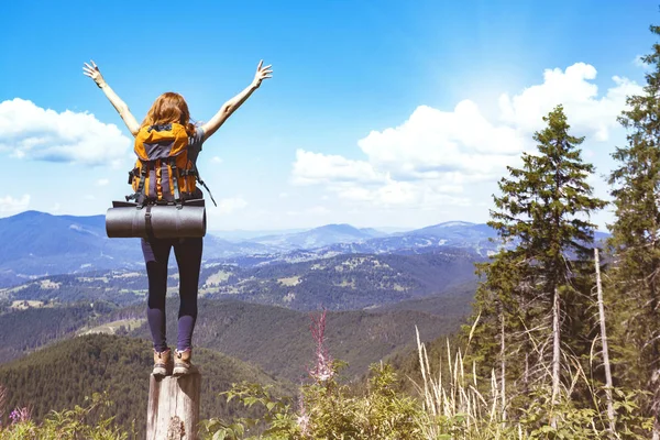 Chica Excursionista Con Una Mochila Pie Sobre Fondo Las Montañas —  Fotos de Stock