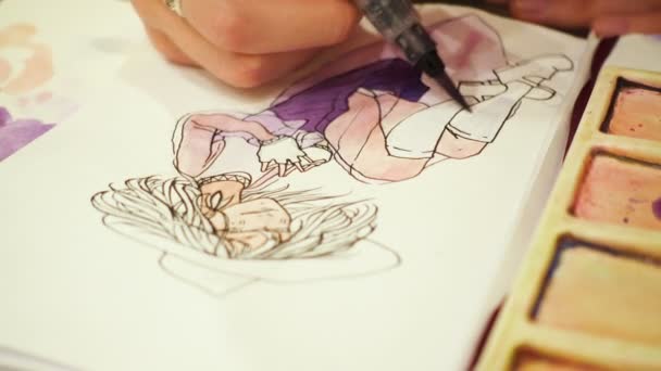 Artiste Dessiner Croquis Avec Les Aquarelles Peintures — Video