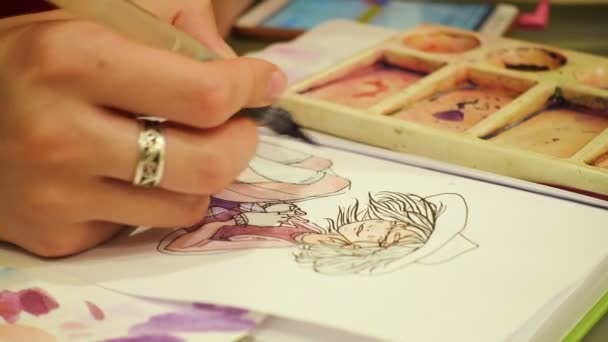 Artiste Dessiner Croquis Avec Les Aquarelles Peintures — Video