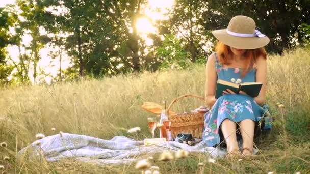 Mädchen Mit Buch Beim Picknick Auf Der Sommerwiese — Stockvideo