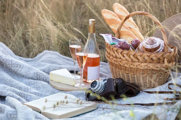 Verão Piquenique Prado Baguete Vinho Copos Uvas Queijo Brie Baguete — Fotografia de Stock