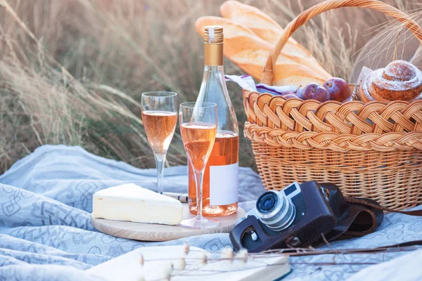 Verão Piquenique Prado Baguete Vinho Copos Uvas Queijo Brie Baguete — Fotografia de Stock