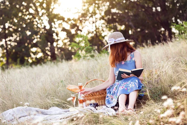 Yaz Çayırda Provencal Pikniği Kız Oturmuş Kitap Okuyor Piknik Sepetinin — Stok fotoğraf