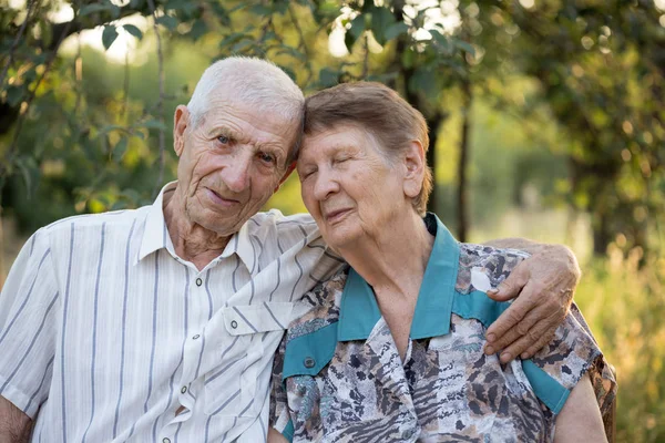 Lächelnde Großeltern Porträt Eines Lächelnden Seniors Und Einer Seniorin Garten — Stockfoto
