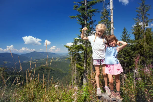 ハイキング中の小さな子供たち 山の風景の背景に楽しいガールフレンド — ストック写真