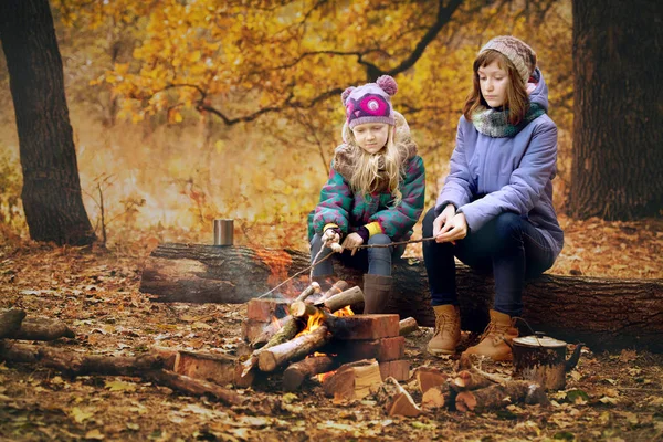 Dos Chicas Picnic Bosque Otoño Sentadas Alrededor Del Campamento — Foto de Stock