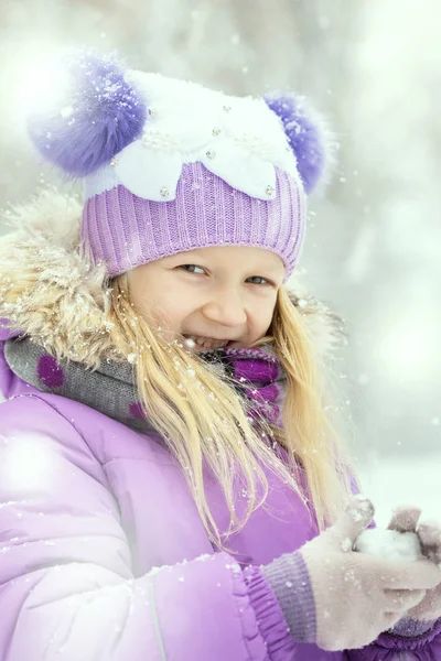 Little Smiling Girl Outdoors Snowfall Tim — Stock Photo, Image