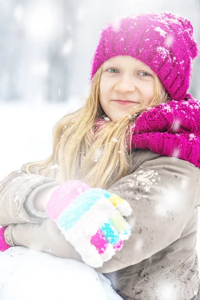 Winter Little Smiling Girl Outdoors Snowfall Tim — Stock Photo, Image