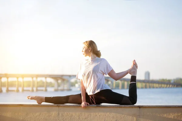 Gezond Vliegen Yoga Concept Fitness Mooi Meisje Zittend Een Tweeling — Stockfoto