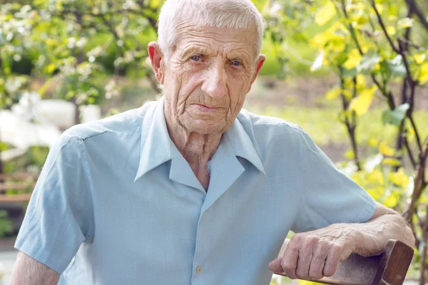 Ritratto Uomo Anziano Siede Nel Giardino Guarda Camer — Foto Stock