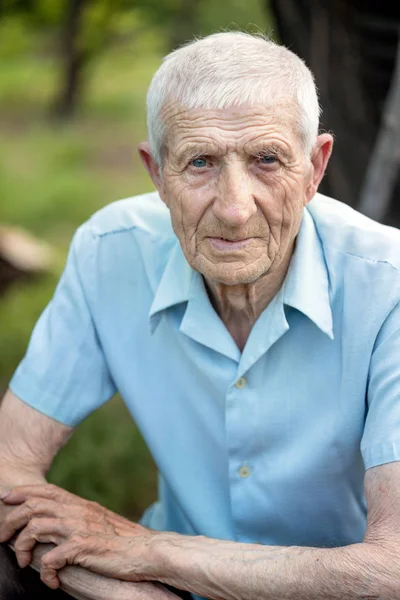 Ritratto Uomo Anziano Siede Nel Giardino Guarda Camer — Foto Stock