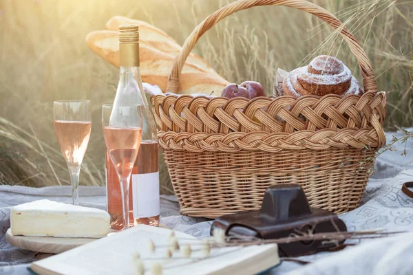 Verão Piquenique Prado Baguete Vinho Copos Uvas Queijo Brie Baguete — Fotografia de Stock