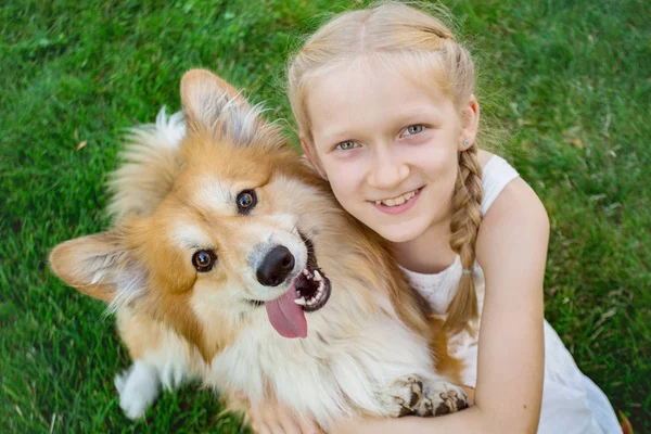 Krásná Zábava Blonďatá Dívka Corgi Nadýchané Úsměv Podívejte Kamery Trávníku — Stock fotografie