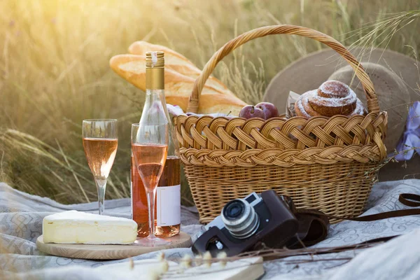 Verão Piquenique Prado Baguete Vinho Copos Uvas Queijo Brie Baguete — Fotografia de Stock