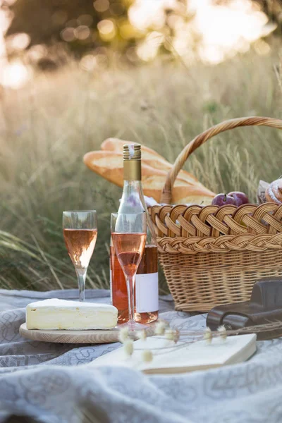 夏日普罗旺斯在草地上野餐 法式面包 葡萄酒 乳酪干酪 篮子里的法式面包 — 图库照片