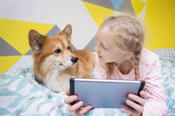 Lustiges Mädchen Und Hundecorgi Auf Dem Bett Kinderzimmer Spielen Auf — Stockfoto