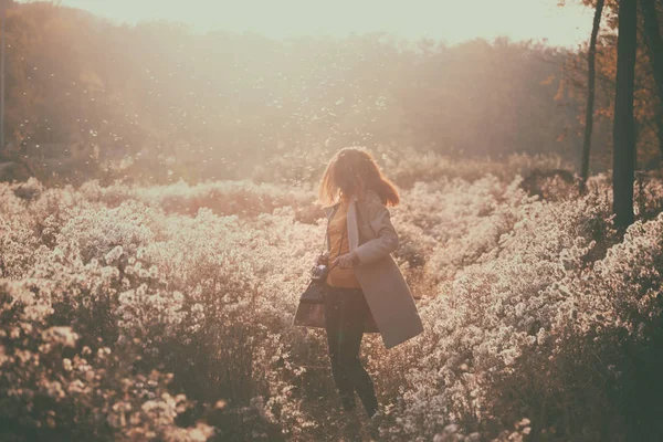 Vintage Autumn Girl Vintage Camera Walks Fields Fluffy Dandelions Sunse — Stock Photo, Image