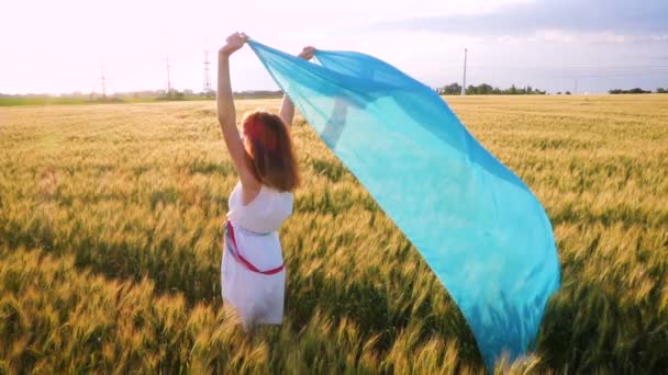 Schönheitsmädchen Mit Dem Blauen Schal Läuft Auf Dem Feld — Stockvideo