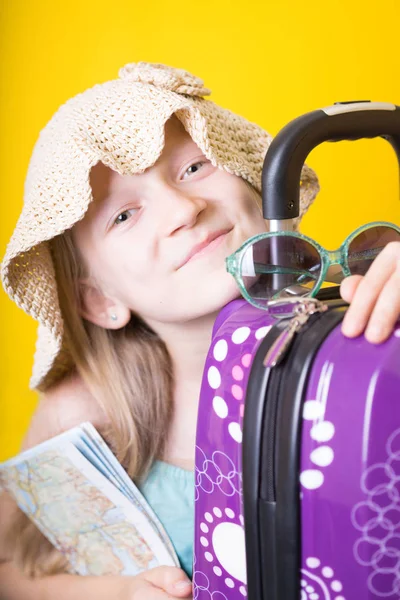 Happy Weekend Smiling Girl Going Trip Luggage Map Glasse — Stock Photo, Image