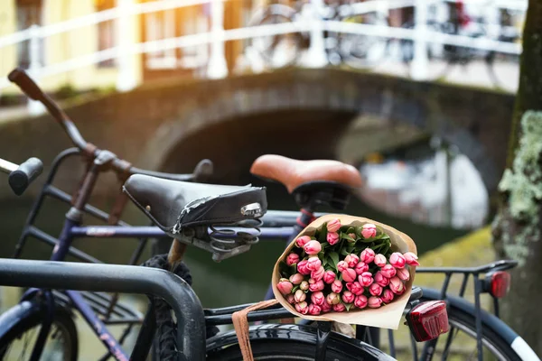 美丽的粉红色郁金香在一辆旧自行车在阿姆斯特丹 — 图库照片